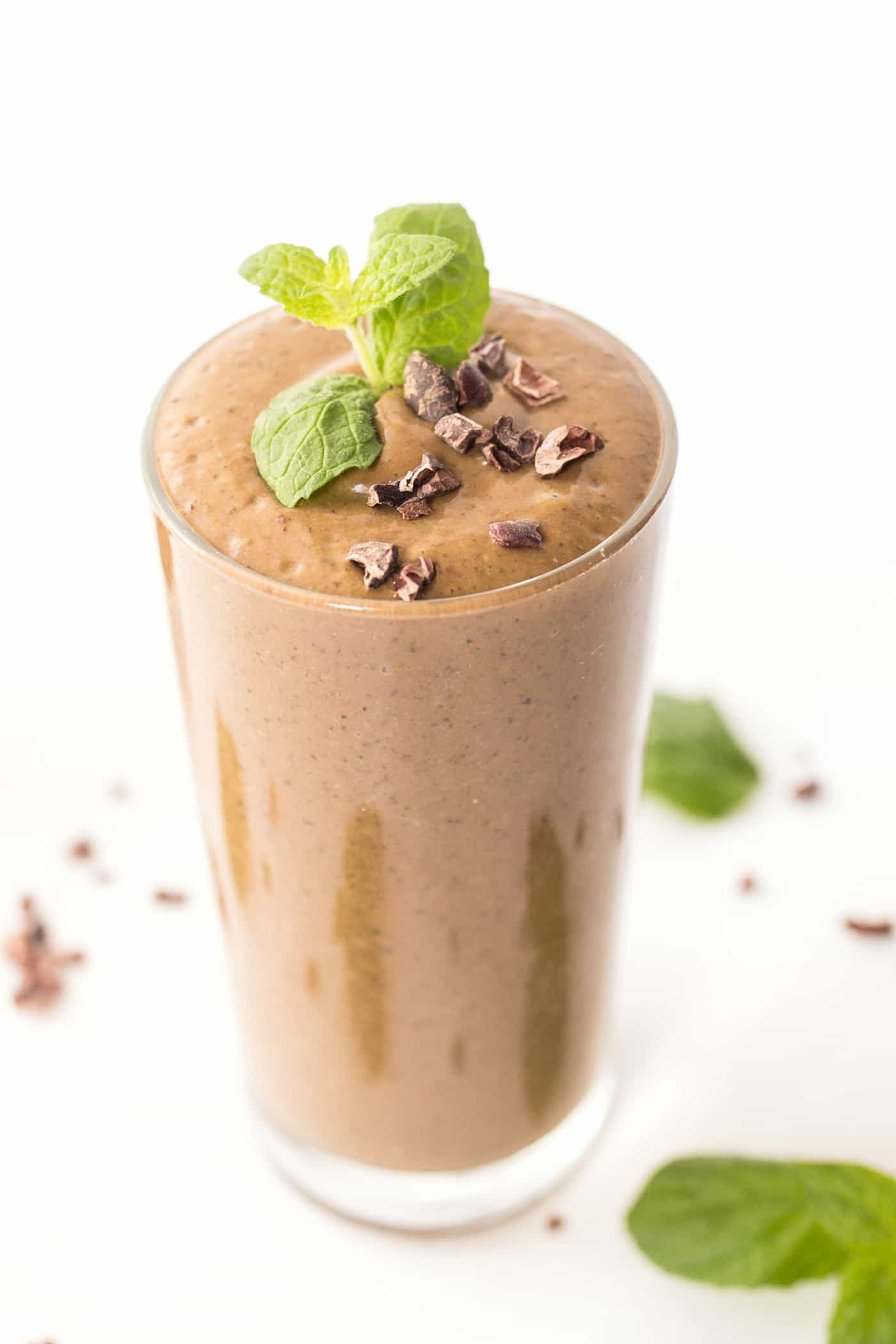 Mint Chocolate Chip Smoothie -- made with banana, avocado, fresh mint and spinach!