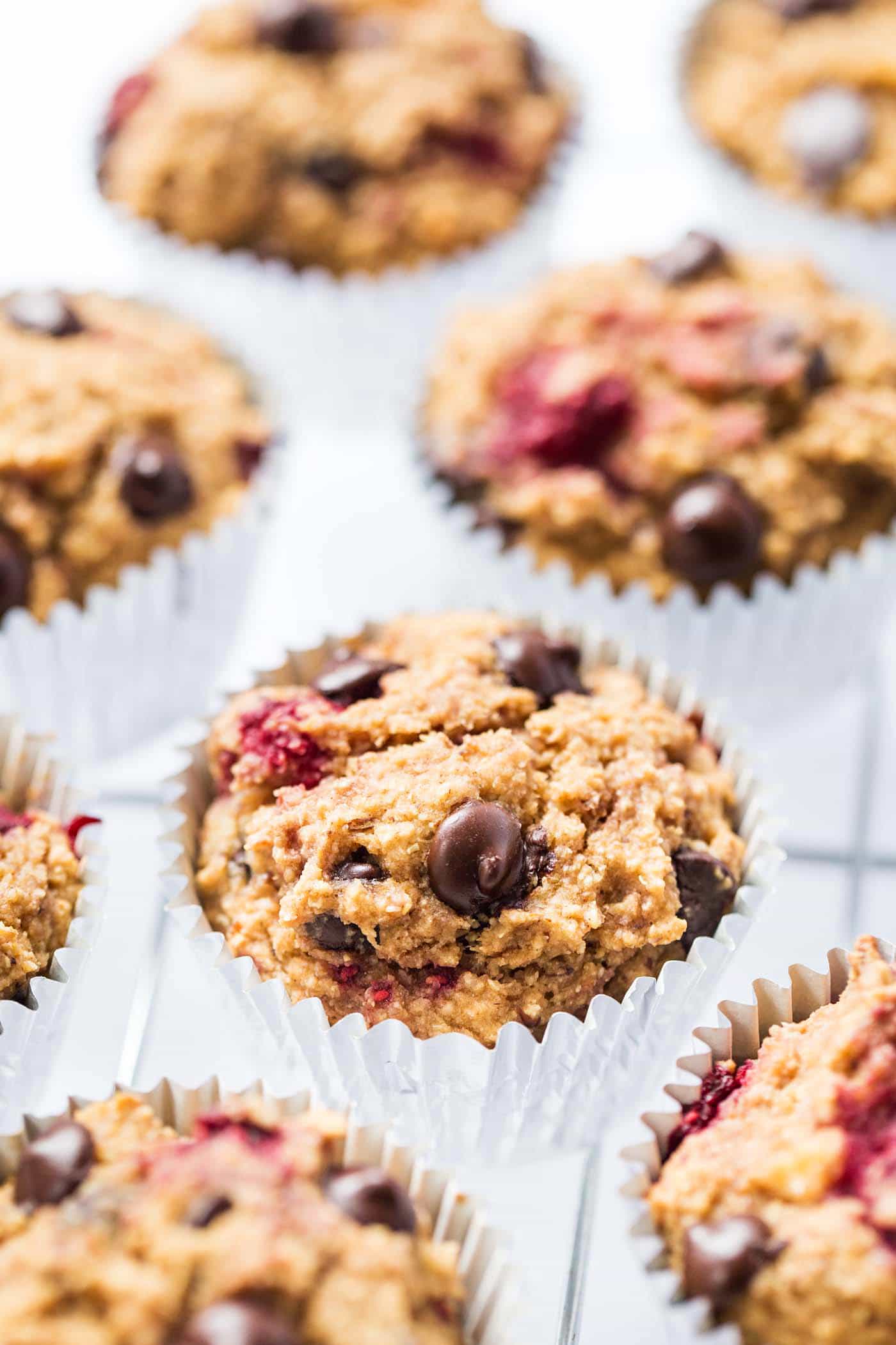 Healthy Raspberry Chocolate Chip Quinoa Muffins - sweetened naturally, made without any oils, AND they're gluten-free + vegan