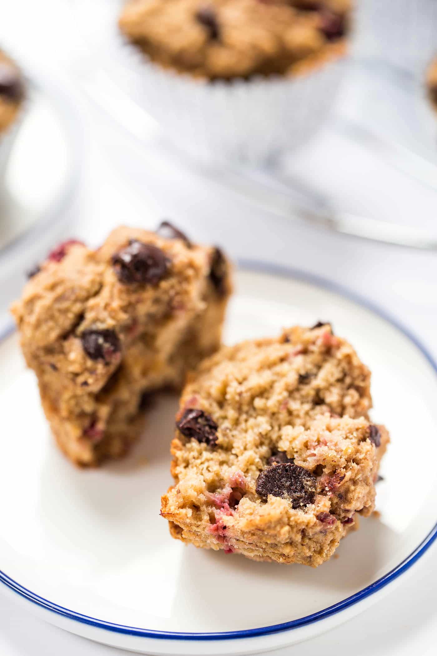 Healthy Raspberry Chocolate Chip Quinoa Muffins - sweetened naturally, made without any oils, AND they're gluten-free + vegan
