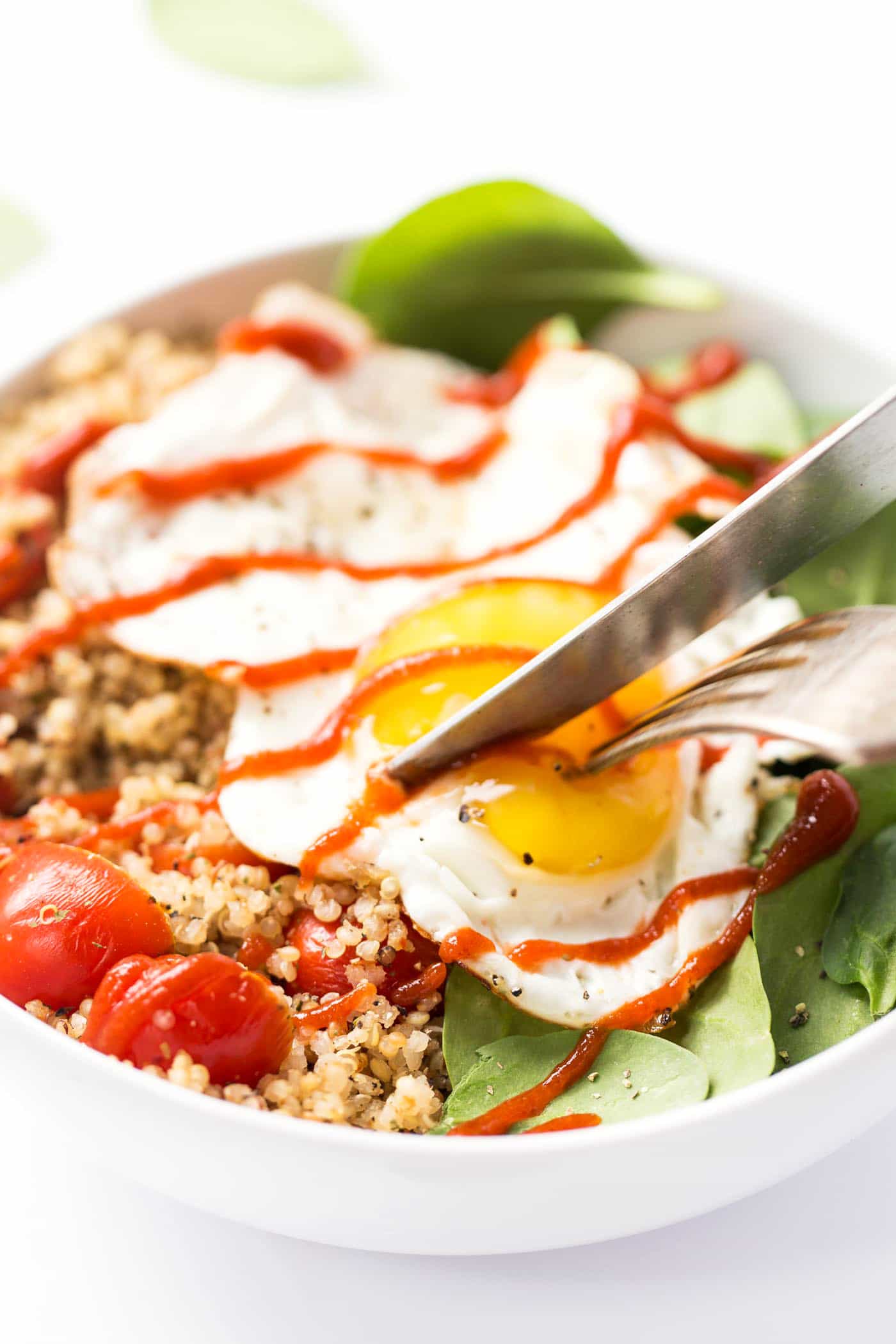 These SAVORY Quinoa Breakfast Bowls take just 5 minutes to make and are packed with healthy ingredients >> spinach, tomatoes and fried eggs make this a protein-packed breakfast!