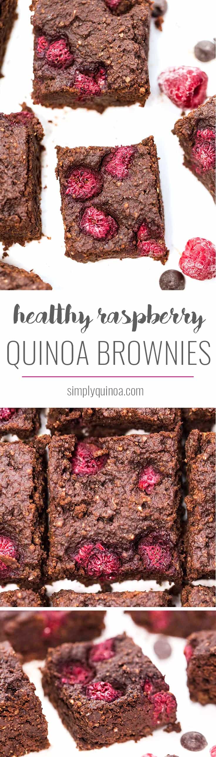 These HEALTHY raspberry quinoa brownies are naturally gluten-free and vegan, but are also packed with protein! Under 200 calories and 4.5g of protein per square!