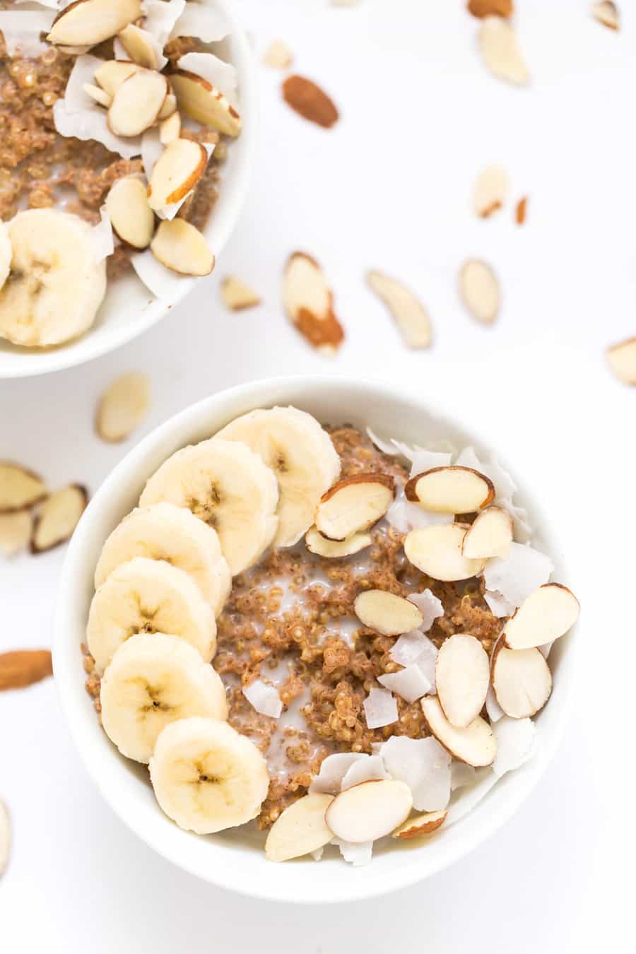 Quinoa Power Breakfast Bowls -- topped with almonds, coconut and bananas!