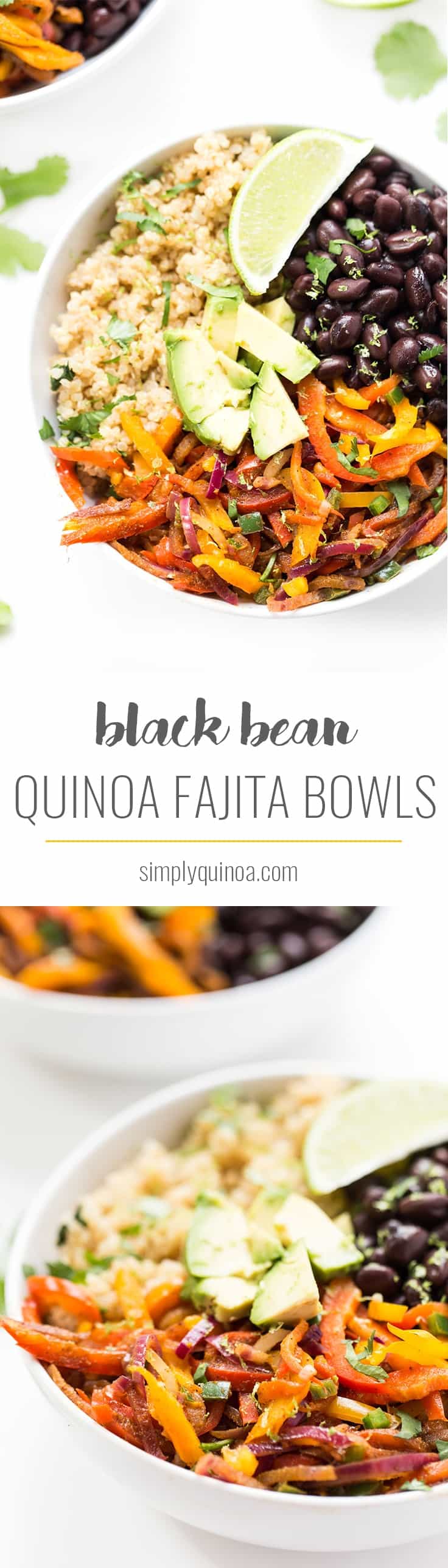 Black Bean Quinoa Fajita Bowls -- ready in just 20 minutes, this meatless meal is packed with protein, veggies and healthy carbs!