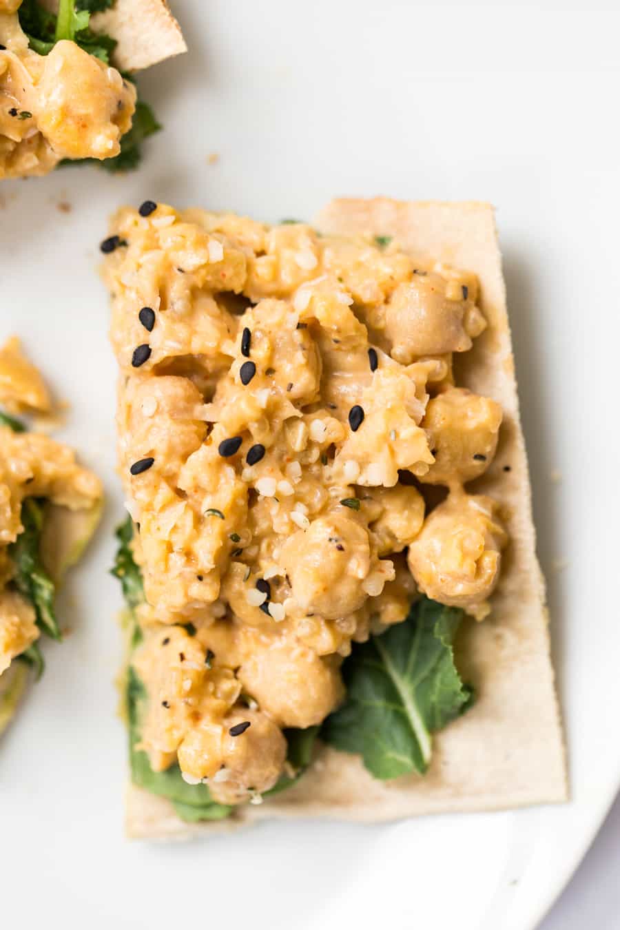 Smashed Buffalo Chickpea & Quinoa Flatbreads -- take just 10 minutes to make, are vegan and taste AMAZING!