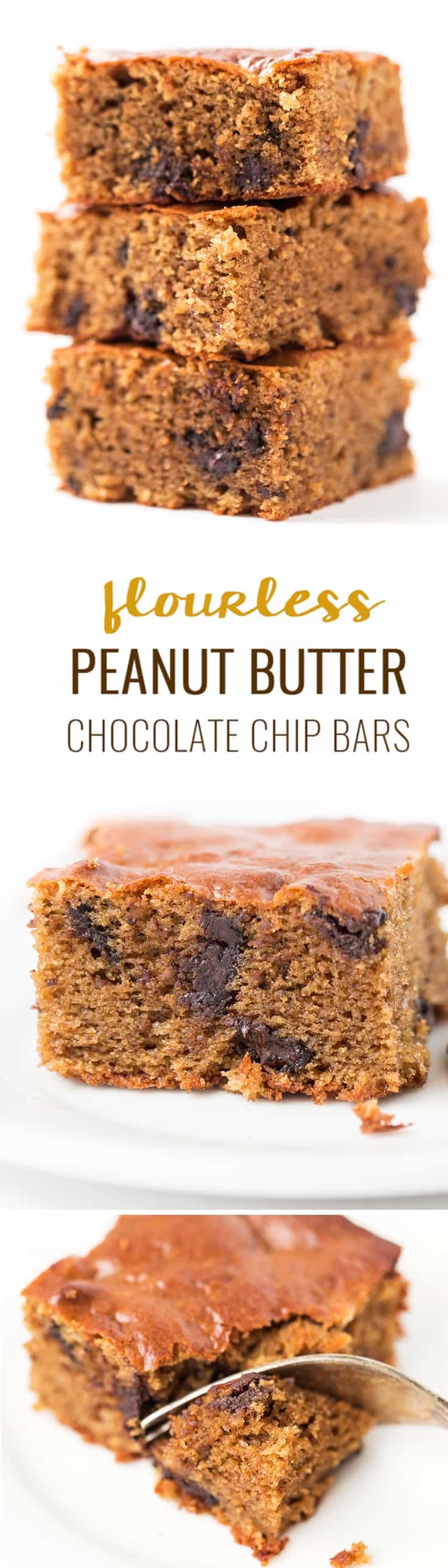 These decadent peanut butter chocolate chip bars make for one healthy dessert! Without any flour, dairy or oils, they have a light, tender & fluffy texture!