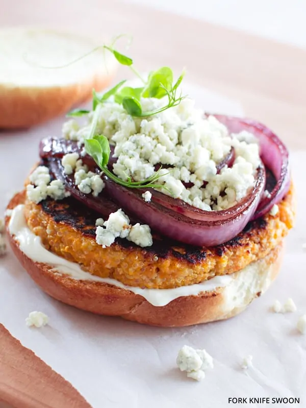 Sweet Potato and Quinoa Burgers with Red Onion and Blue Cheese - Fork Knife Swoon