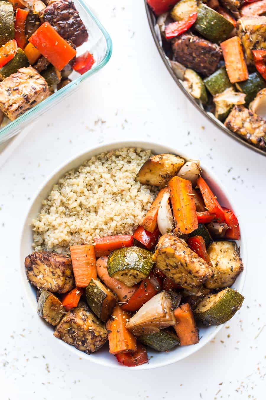 Balsamic Tempeh & Roasted Vegetable Quinoa Bowls are perfect for are made on just ONE PAN and are perfect for MEAL PREP!