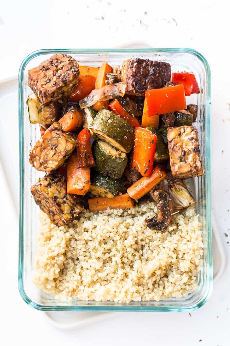 These SHEET PAN Balsamic Tempeh & Roasted Vegetable Quinoa Bowls are so easy to make and perfect for meal prep!