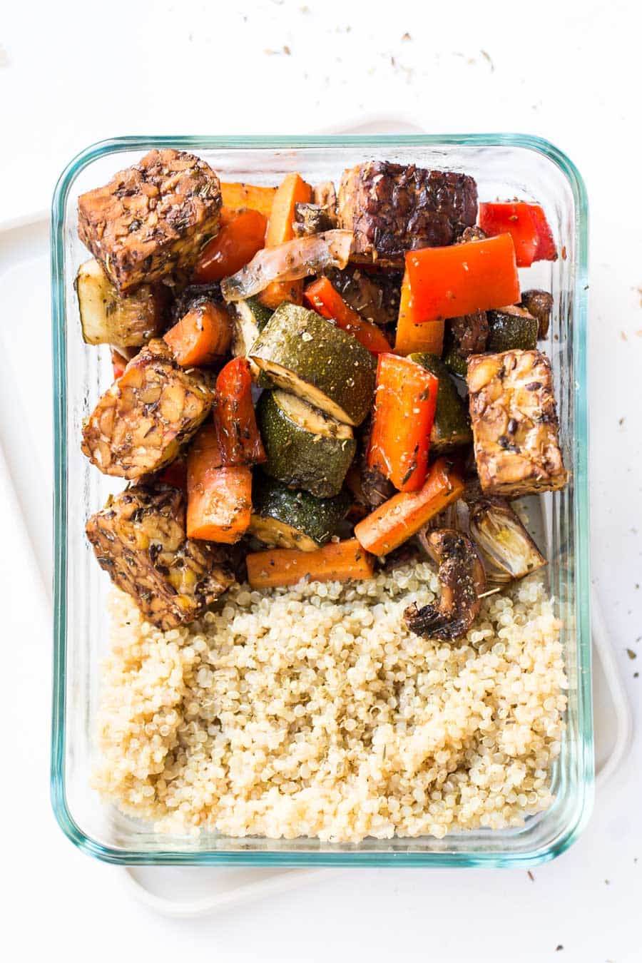 These SHEET PAN Balsamic Tempeh & Roasted Vegetable Quinoa Bowls are so easy to make and perfect for meal prep!