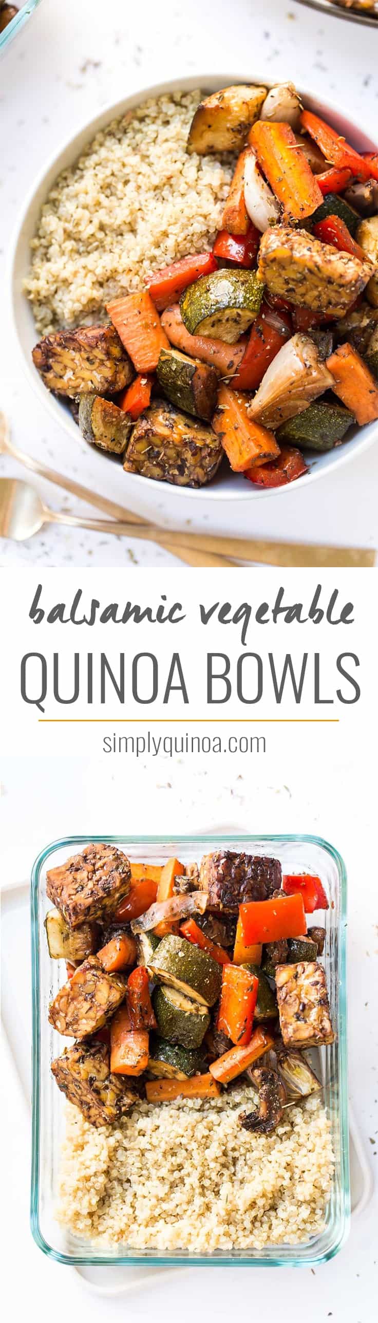 These SHEET PAN Balsamic Tempeh & Roasted Vegetable Quinoa Bowls are so easy to make and perfect for meal prep!