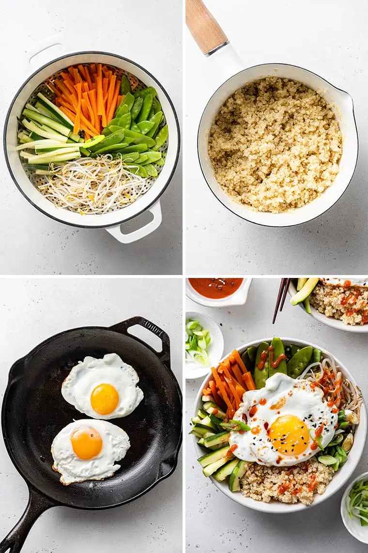 Step by step instruction for how to make vegetarian quinoa bibimbap