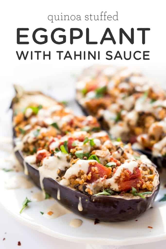 Quinoa Stuffed Eggplant with Tahini Sauce