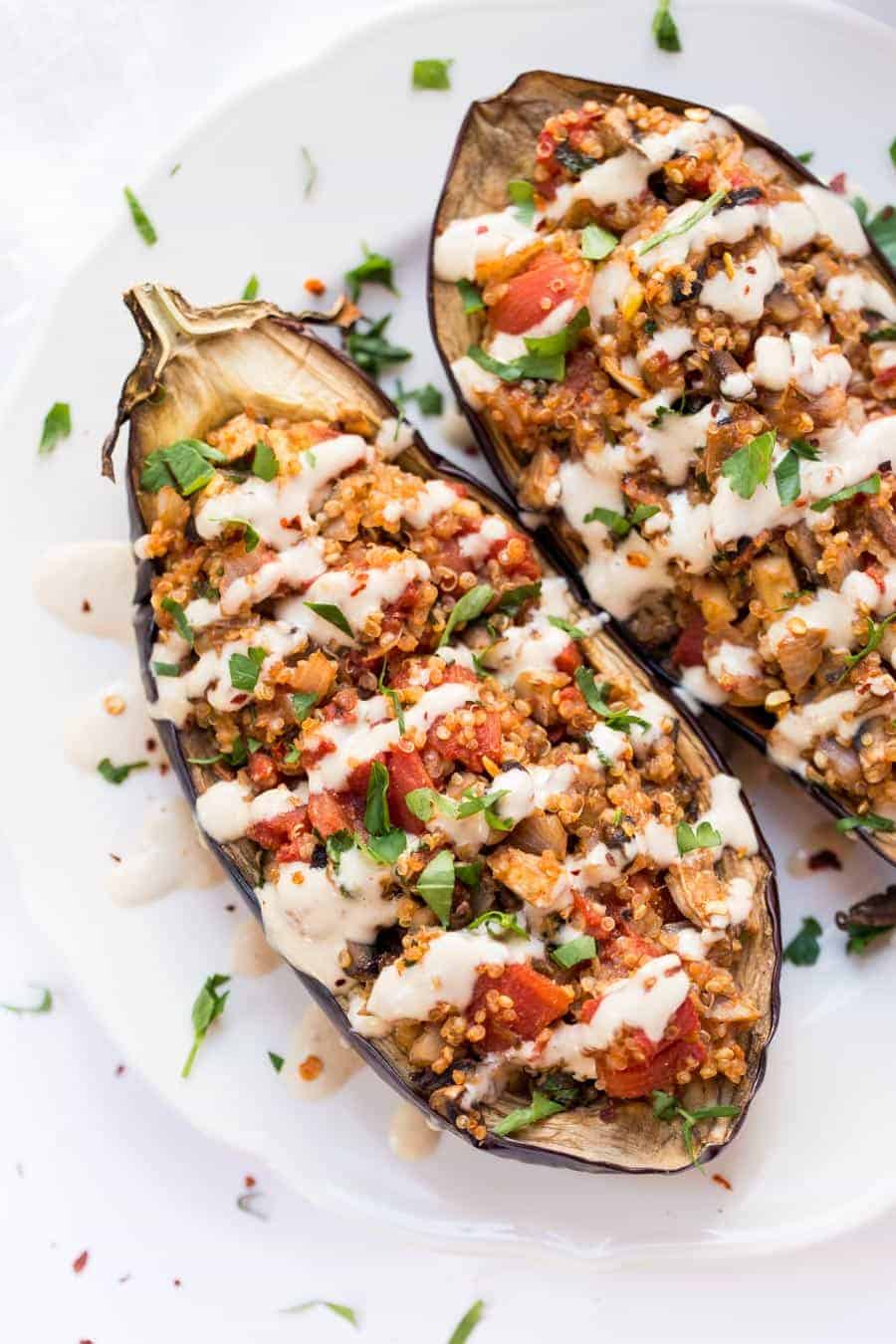 Quinoa Stuffed Eggplant with Tahini Sauce Simply Quinoa