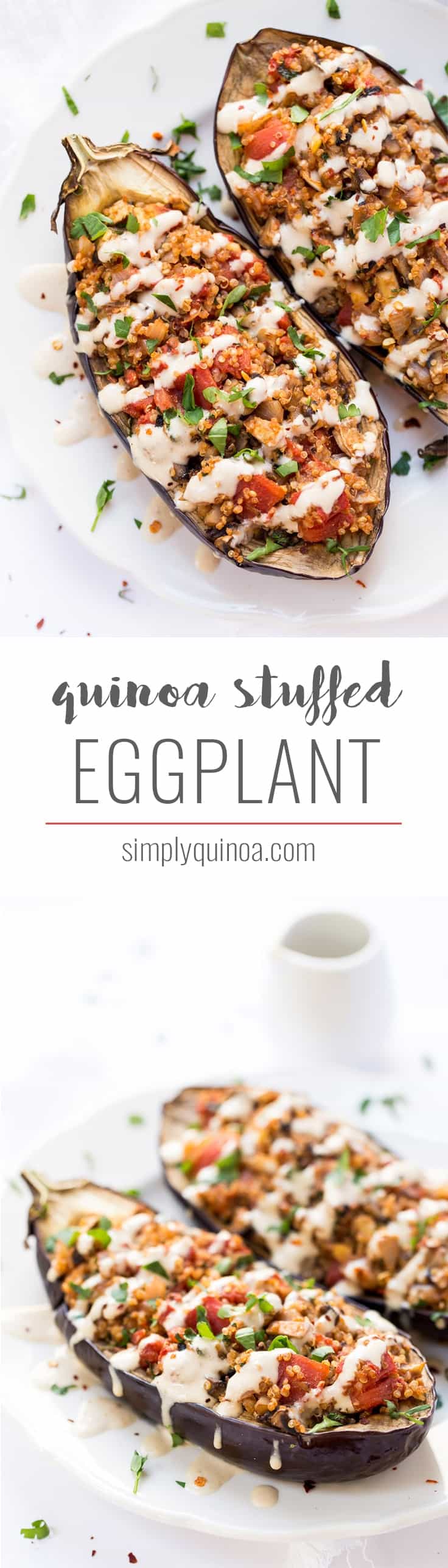 I'm totally obsessed with this Mediterranean Quinoa Stuffed Eggplant! It's full of flavor, packed with veggies, and takes just 30 minutes to make!