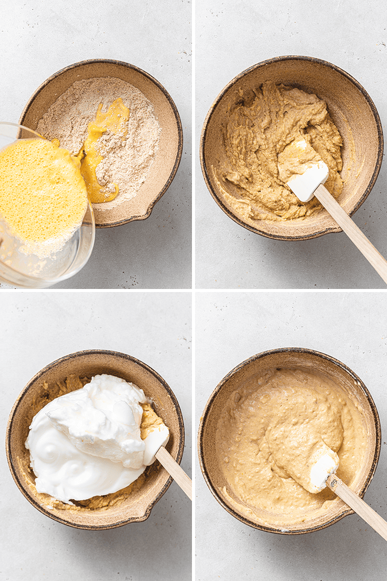 Four images of a bowl showing stages of making waffle batter