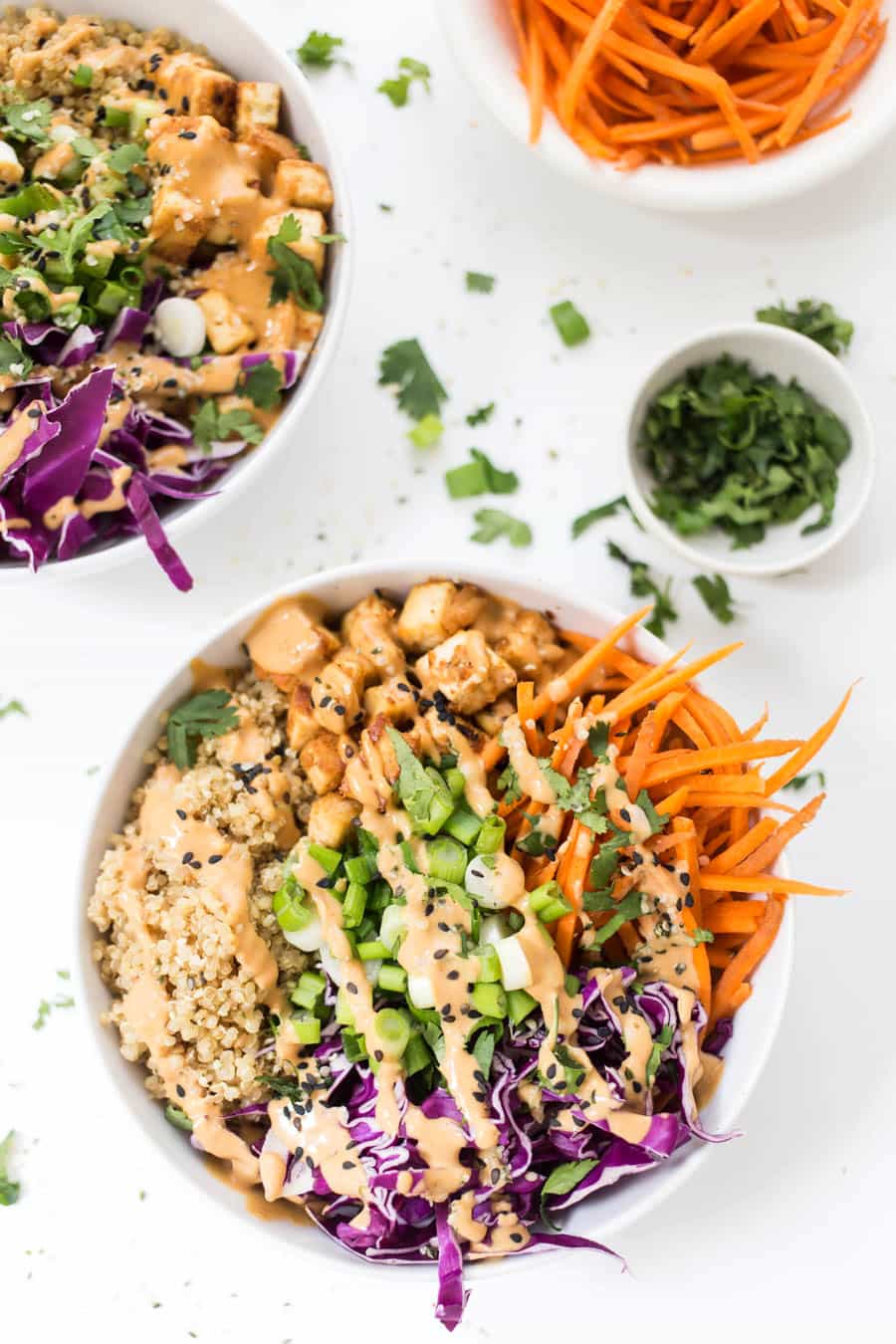 Asian Quinoa Bowls with Peanut Baked Tofu -- use up the veggies in your fridge to whip up this TASTY bowl meal!