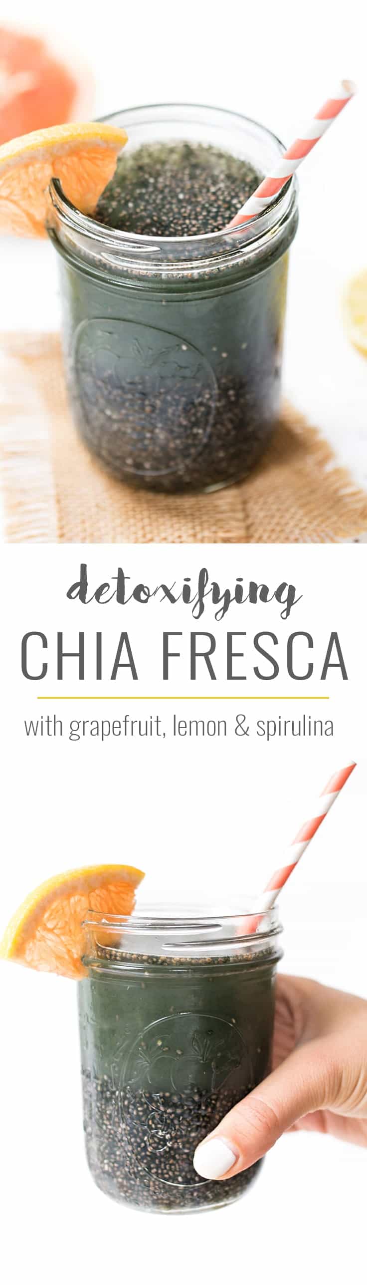 This delicious DETOX CHIA FRESCA drink is made with grapefruit, lemon and spirulina to help flush toxins, support healthy digestion and help your skin glow!