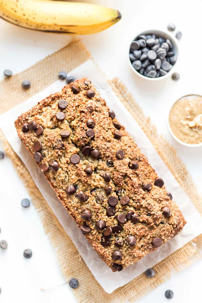 This is the most INSANELY DELICIOUS Chocolate Chip Banana Bread and it's made with 100% healthy ingredients -- almond flour, quinoa flour, flax and more!