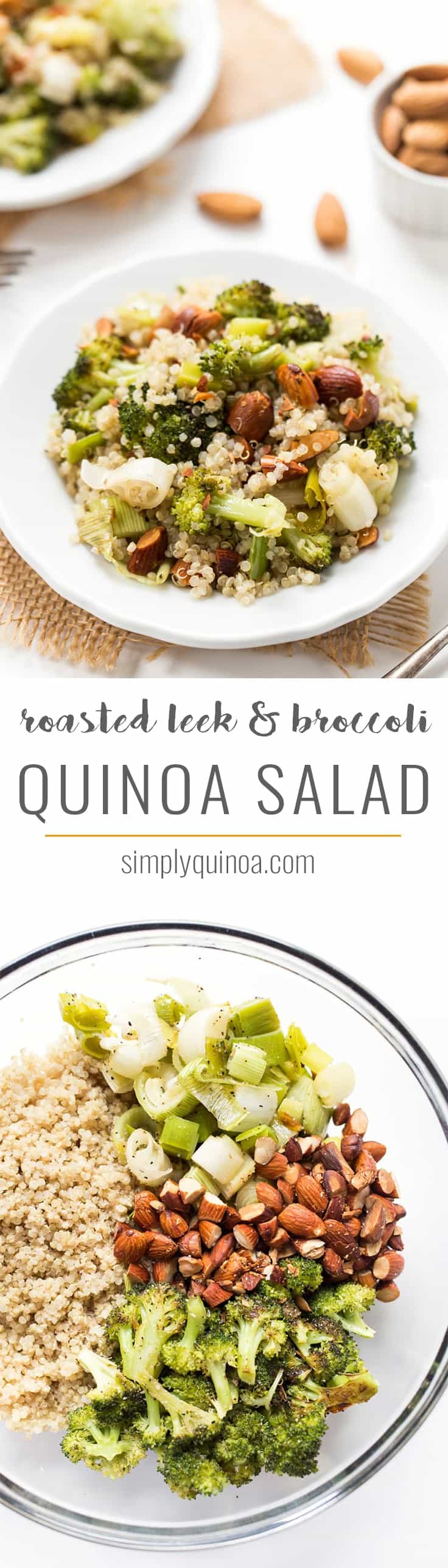 This Roasted Leek & Broccoli Quinoa Salad is light and flavorful with a honey-lemon dressing! Perfect as a summer side, but easily bulked up with a protein!