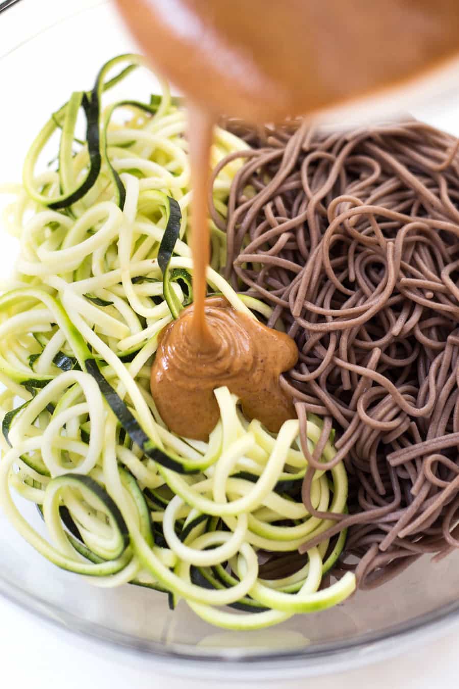 Almond-Sesame Soba Zoodles with quick pickled veggies and the creamiest almond butter sauce ever!