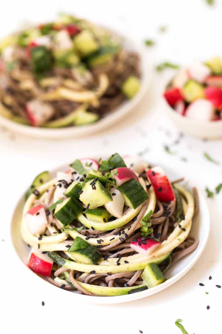 Almond-Sesame Soba Zoodles with quick pickled veggies and the creamiest almond butter sauce ever!