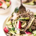 Almond-Sesame Soba Zoodles with quick pickled veggies and the creamiest almond butter sauce ever!