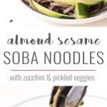 These almond-sesame soba noodles are the perfect fake-out take-out! Loaded with flavor and nutrients, then topped with bright pickled veggies!