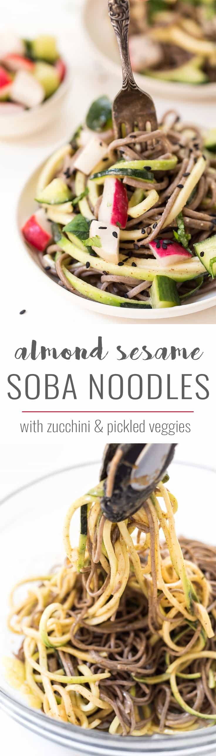 These almond-sesame soba noodles are the perfect fake-out take-out! Loaded with flavor and nutrients, then topped with bright pickled veggies!