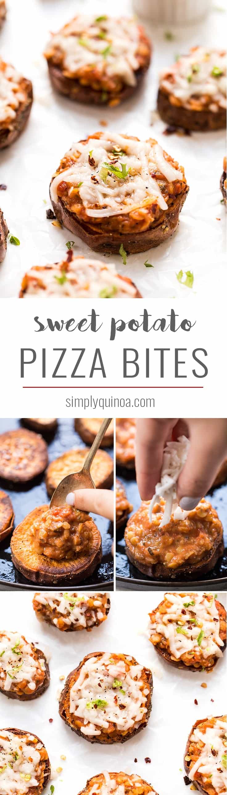 The HEALTHIEST twist on pizza ever! These SWEET POTATO PIZZA BITES are perfectly roasted, then topped with a lentil bolognese for a little perfect appetizer!