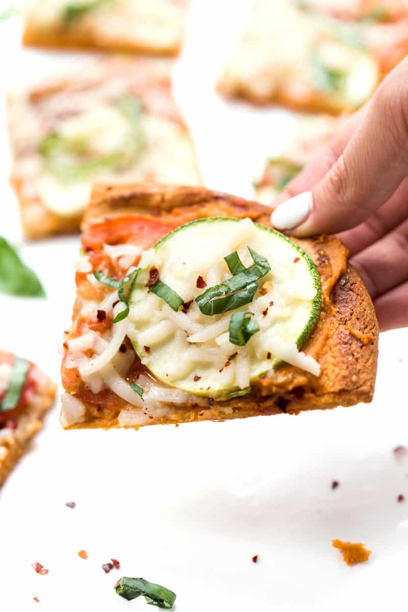 Tomato & Zucchini Quinoa Pizza -- a simple, flavorful, plant-based pizza recipe that is absolutely PERFECT for summer!