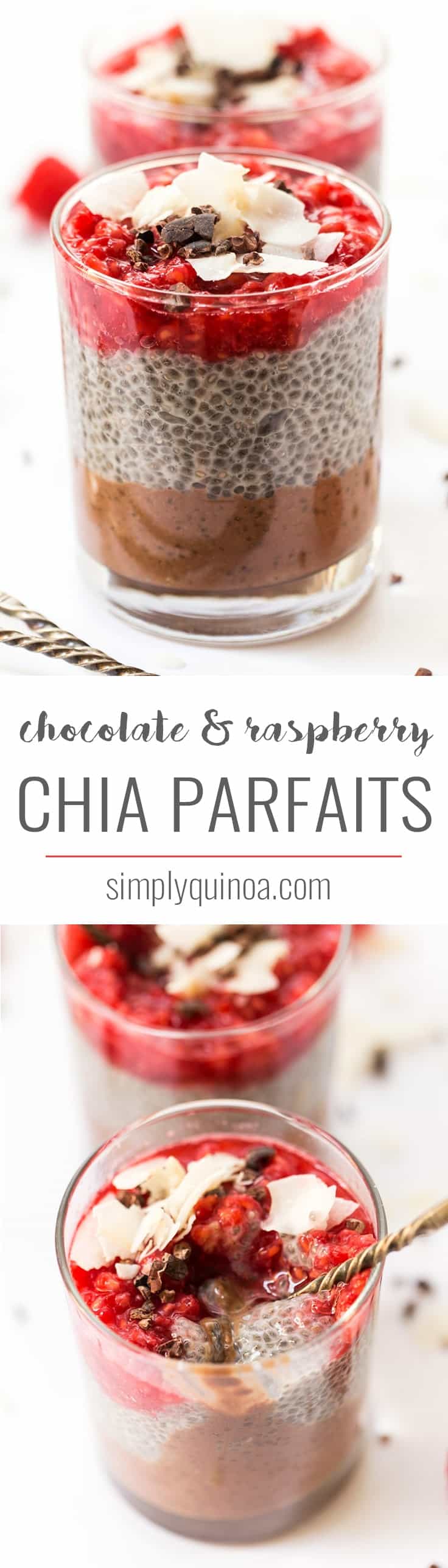 These HEALTHY chia parfaits start with a layer of banana chocolate mousse, then a layer of chia pudding and finished off with smashed raspberries on top!