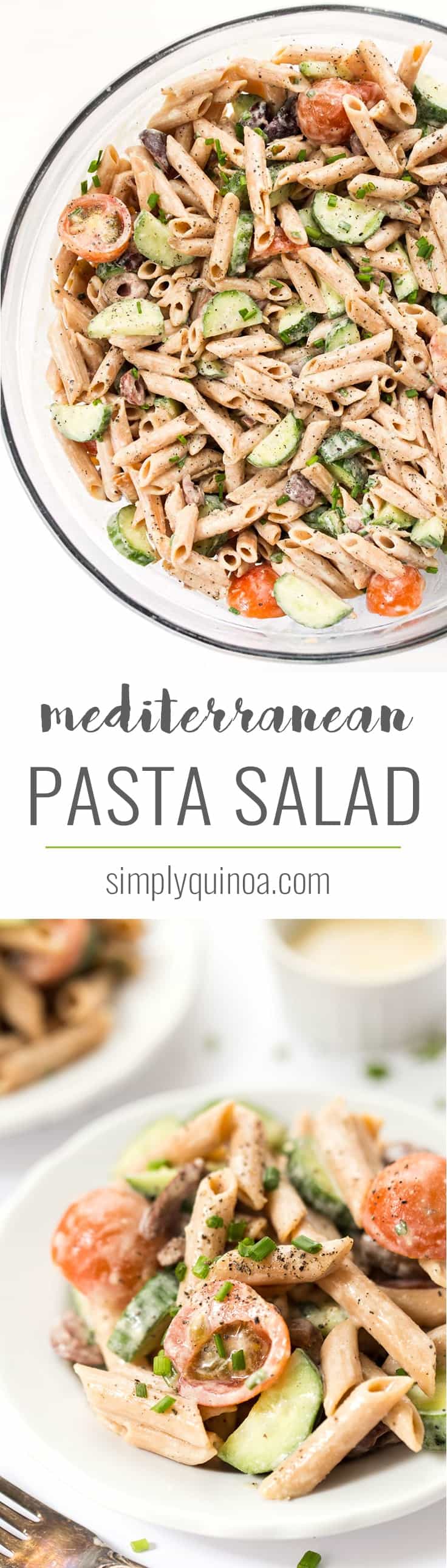 This rich and creamy Mediterranean Pasta Salad is made with a delicious, tangy dressing and is packed with veggies! It's vegan, gluten-free & high-protein!