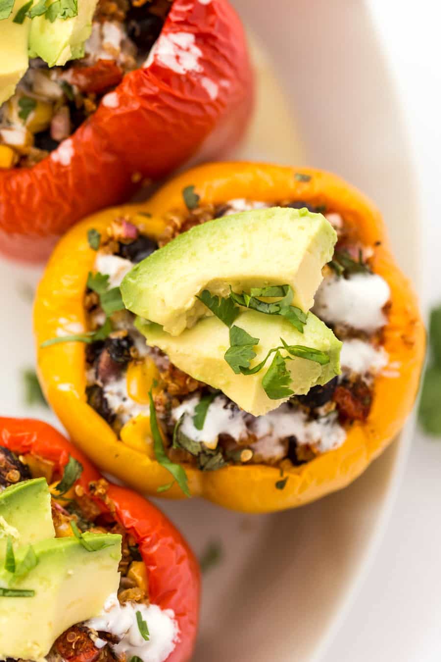 Quinoa stuffed peppers are covered in garnishes and avocados. They rest on a white plate. 