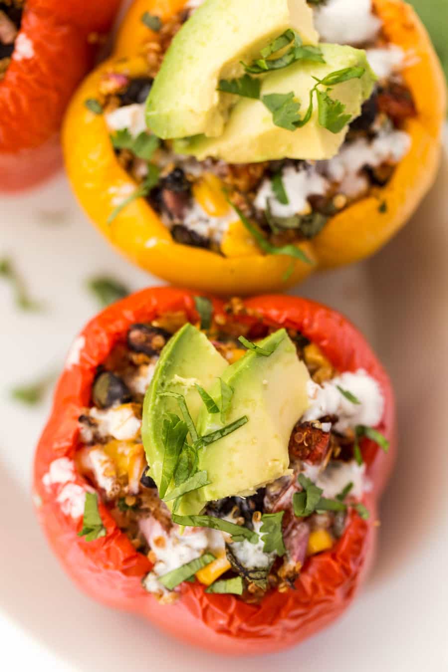 A top view of MEXICAN QUINOA STUFFED PEPPERS. 