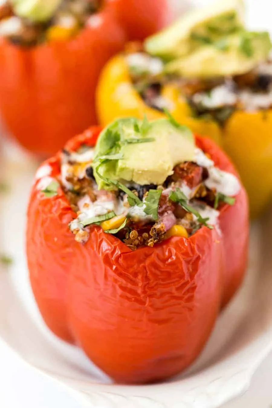 A quinoa stuffed pepper rests on a white plate. 
