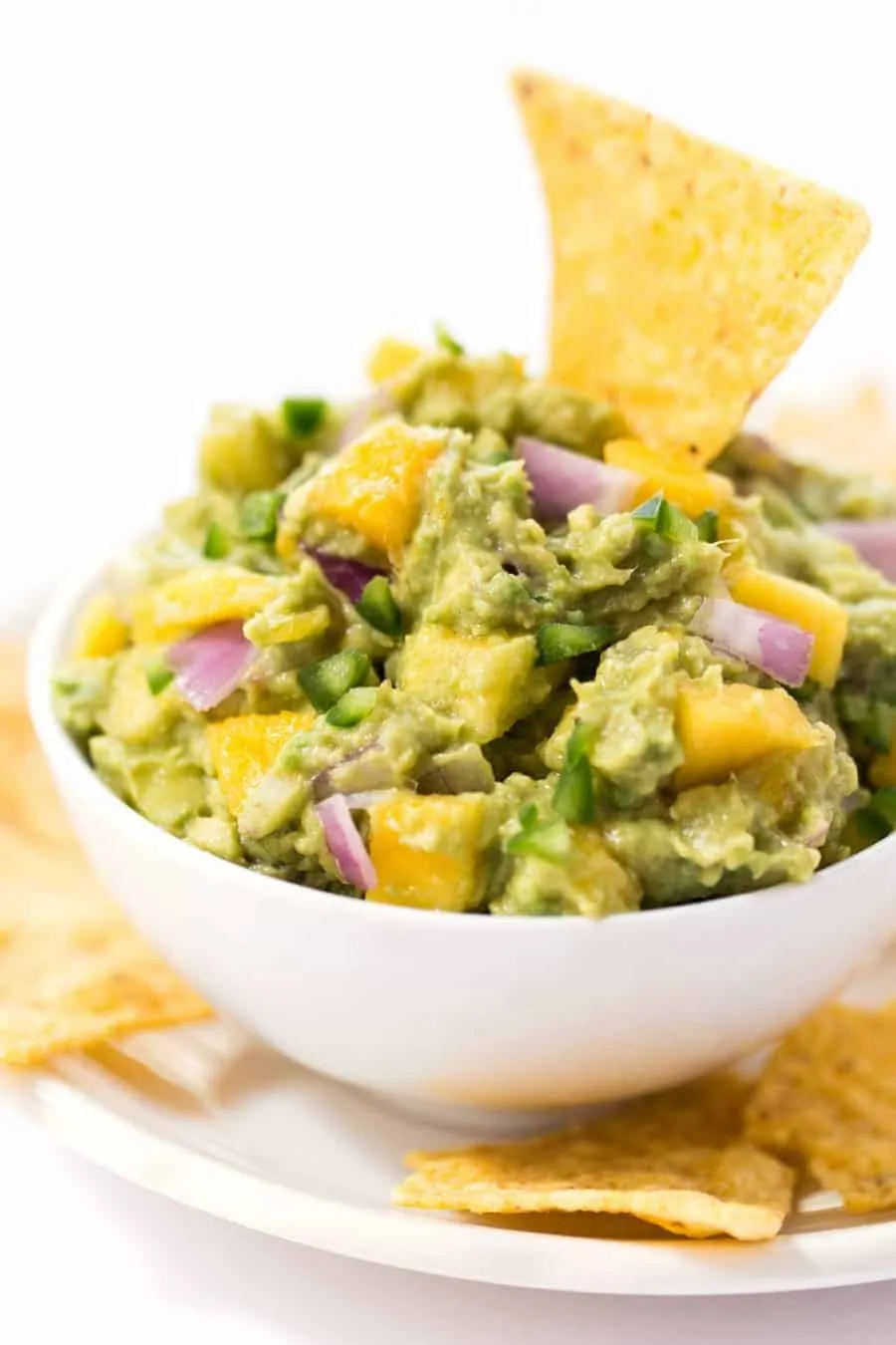 spicy mango guacamole with tortilla chips