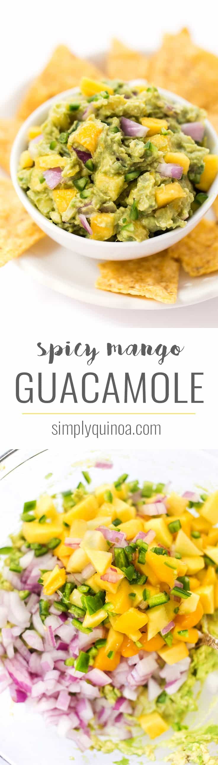 SPICY MANGO GUACAMOLE -- this recipe is a quick and easy spread that goes with everything. Use it on top of burgers, dip with chips or spread it on some toast!