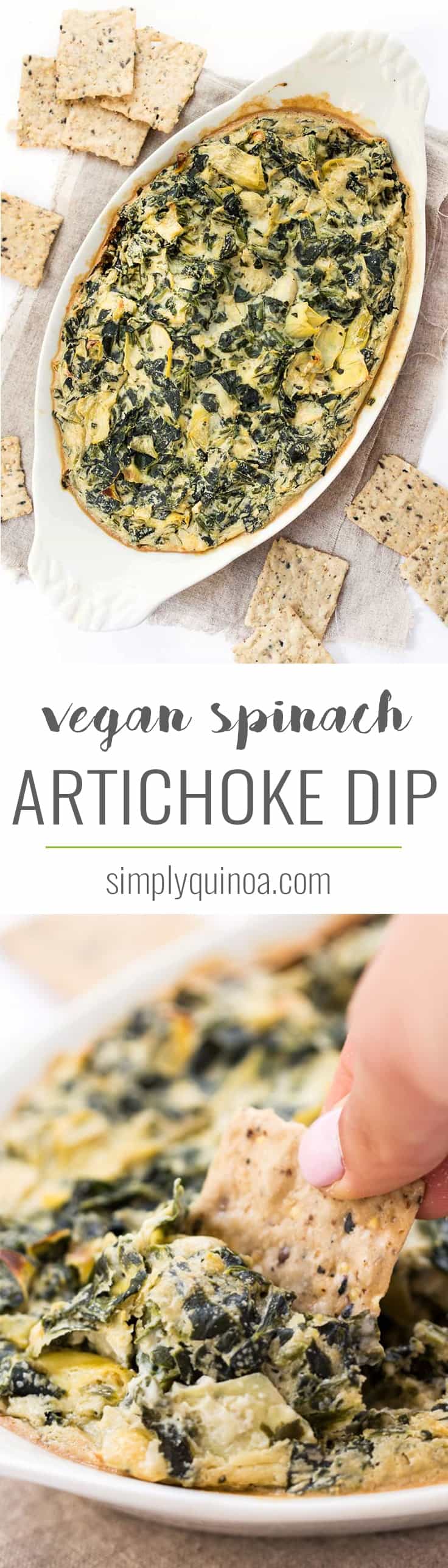 This easy VEGAN Spinach Artichoke Dip is made with less than 10 ingredients, cooks in just about 30 minutes and tastes just like the traditional recipe!