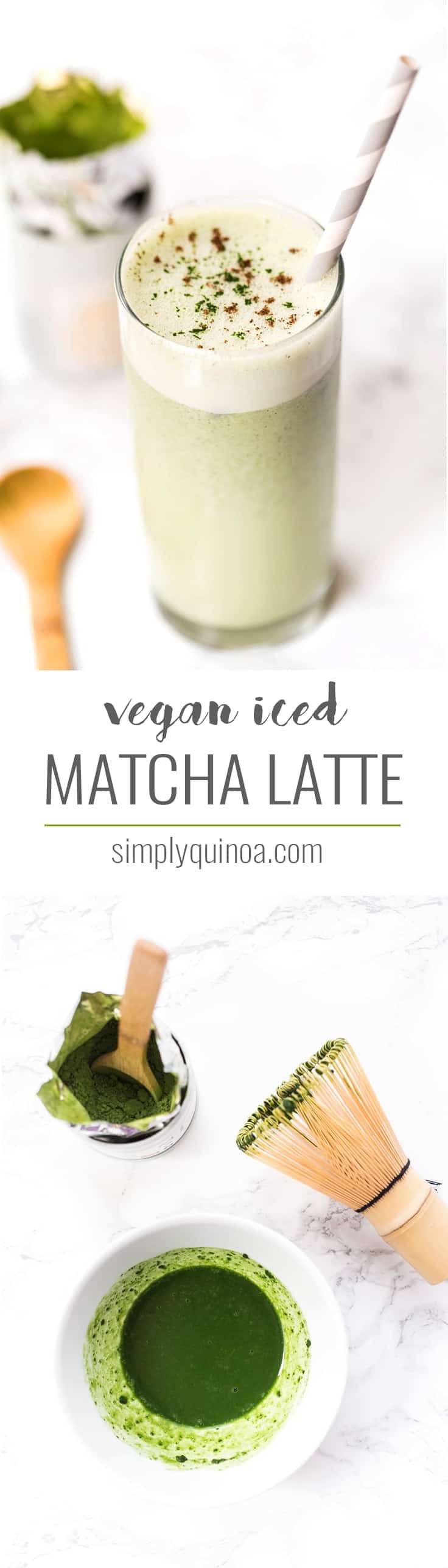A simple ICED MATCHA LATTE made with medicinal mushrooms and coconut butter for added energy and nutrition! Naturally sweetened, vegan and gluten-free!