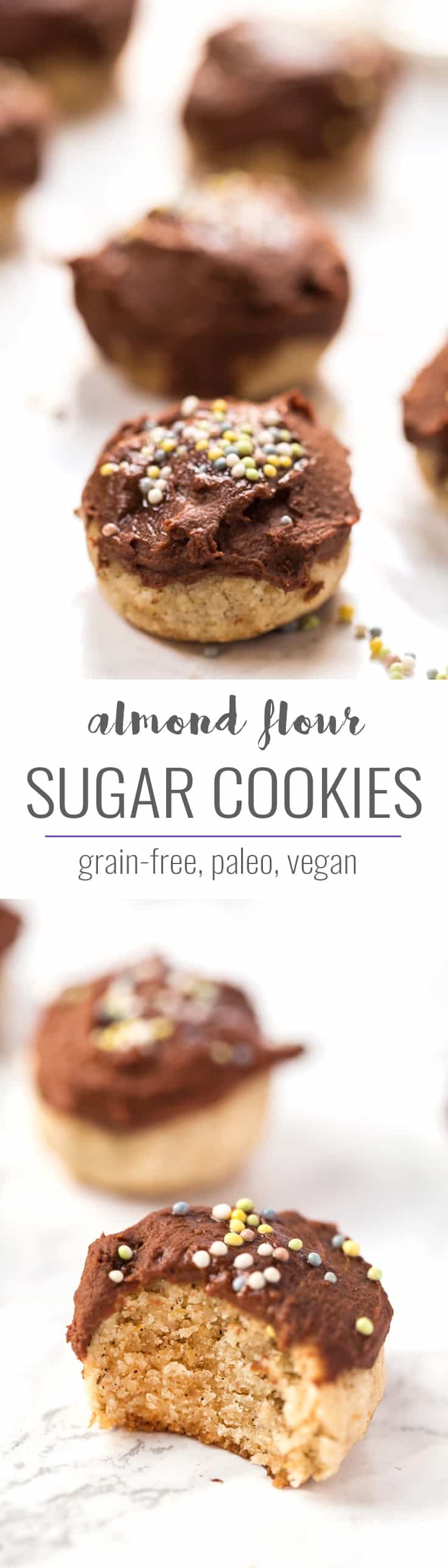 These CHEWY & HEALTHY almond flour sugar cookies are a healthy sweet treat. They're grain-free, paleo, vegan and are even topped with a healthy chocolate frosting!