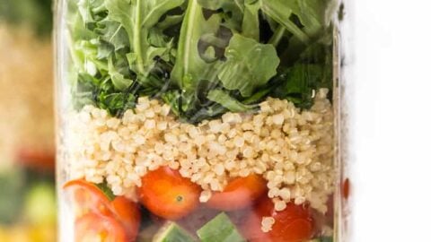 MASON JAR SALADS with lemon-mustard dressing, chickpeas, veggies and QUINOA!