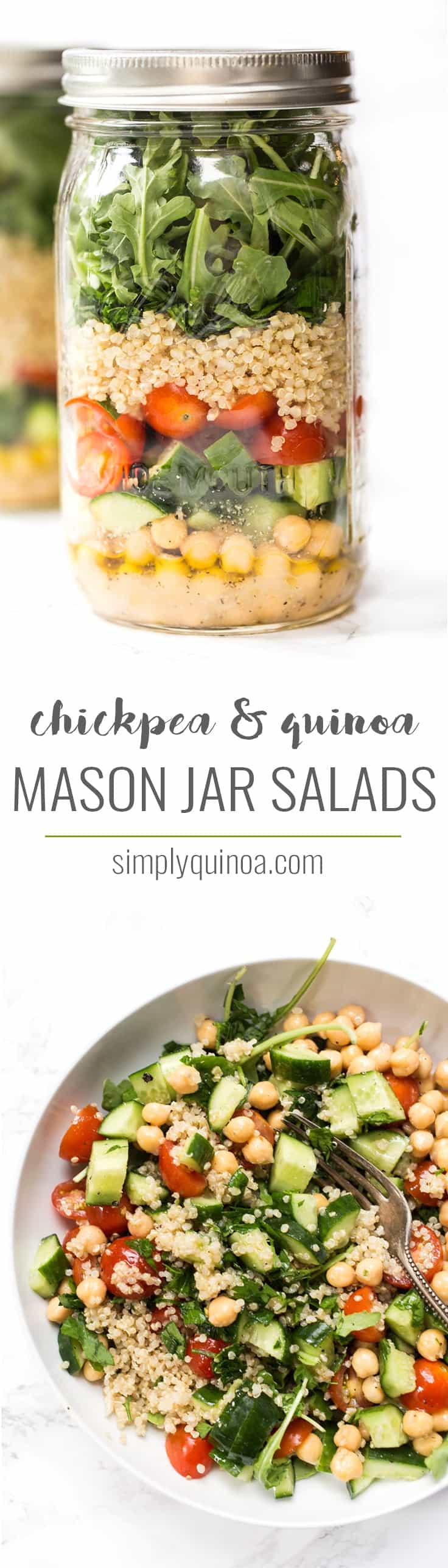 These Quinoa MASON JAR SALADS are an easy way to have a healthy lunch at the office! Layered so nothing gets soggy, they're the perfect way to get in your veggies!