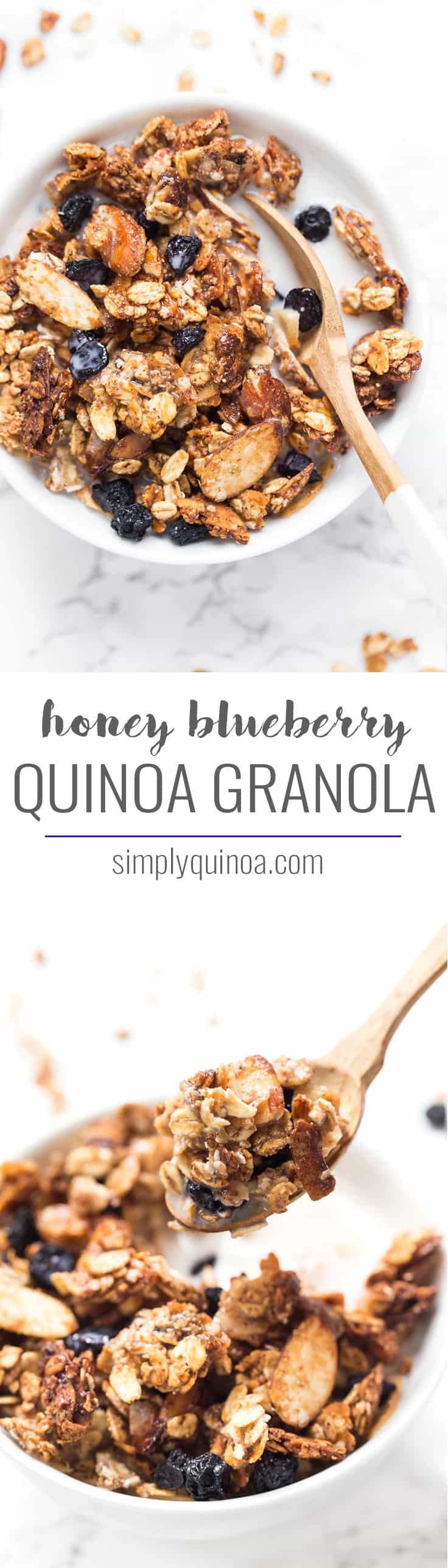 Whip up this delicious HONEY BLUEBERRY QUINOA GRANOLA for breakfast! Healthy, gluten-free, flavorful and fiber rich to keep you full all morning long!