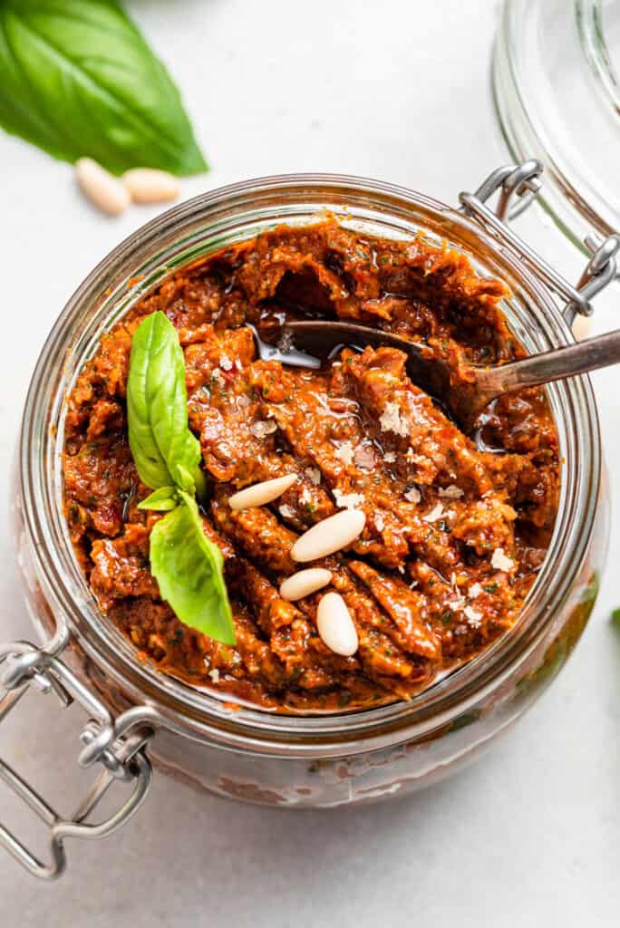 jar of sun dried tomato pesto with pine nuts