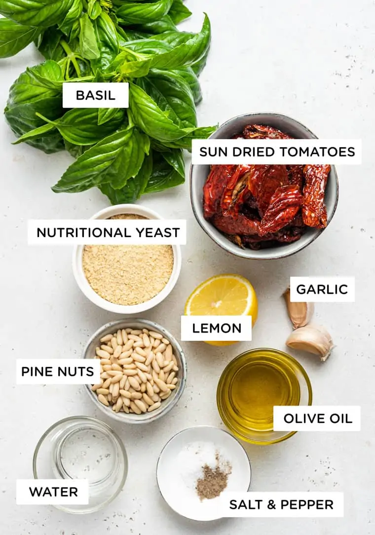 ingredients for pesto with sun dried tomatoes, garlic, lemon, olive oil, pine nuts and basil