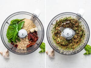 overhead collage of making sun dried tomato pesto in a food processor