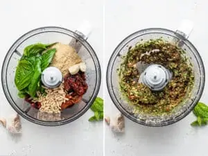 overhead collage of making sun dried tomato pesto in a food processor