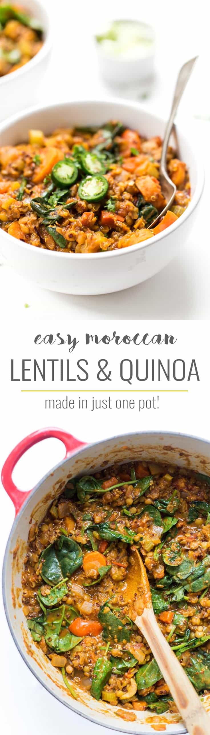 These incredible Moroccan Lentils + Quinoa made in just ONE POT and are a high-protein, absolutely DELICIOUS, plant-based meal your whole family will love!