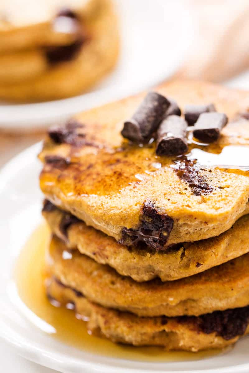 Vegan Pumpkin Chocolate Chip Pancakes -- light, fluffy, healthy and also gluten-free!