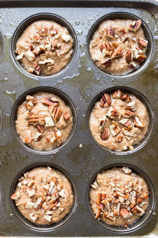 Overhead view of applesauce blender muffins in muffin pan